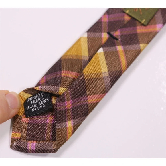 Phineas Cole Gold/Brown Plaid Slim Silk Necktie Tie - Picture 6 of 6